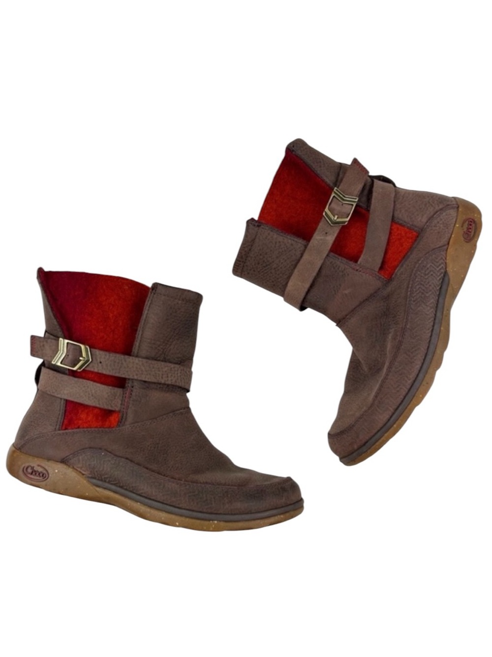 Chaco Brown Leather Ankle Boots with Red Suede Panel Size 7.5